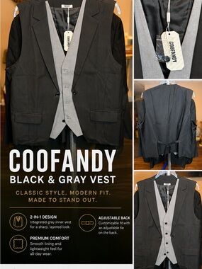 COOFANDY Black Blazer with Gray Integrated Vest